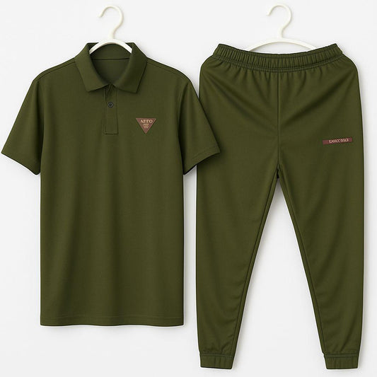 Men's Dri Fit Green Track Suit - 2 Pcs Set with Collar and Texture Design