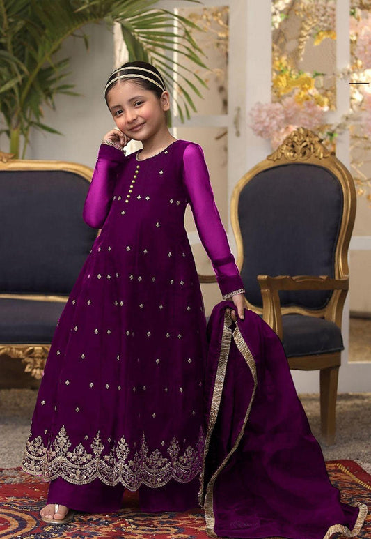 3 Pcs Girl's Chiffon Embroidered Frock And Trouser Set