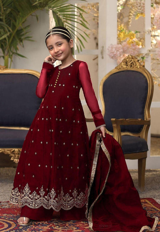 3 Pcs Girl's Chiffon Embroidered Frock And Trouser Set