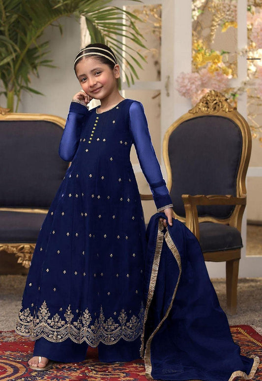 3 Pcs Girl's Chiffon Embroidered Frock And Trouser Set