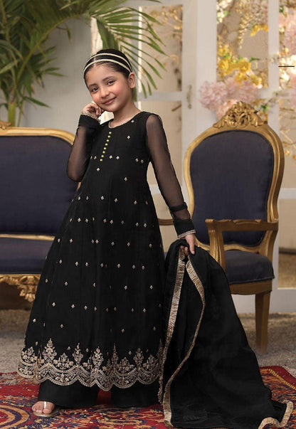 3 Pcs Girl's Chiffon Embroidered Frock And Trouser Set