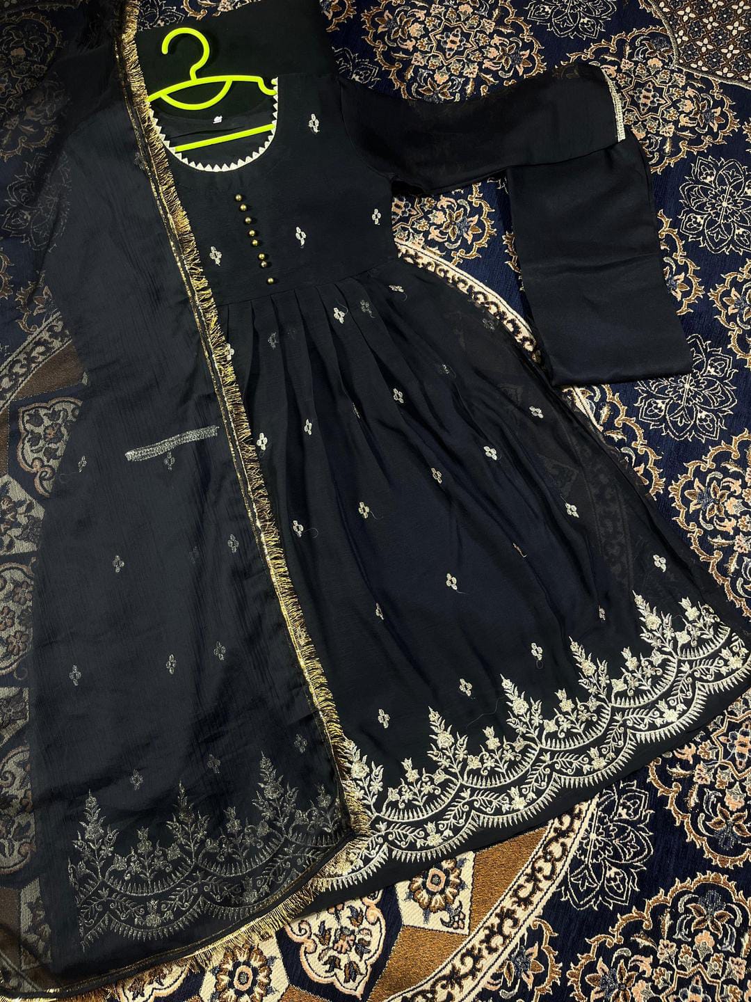 3 Pcs Girl's Chiffon Embroidered Frock And Trouser Set