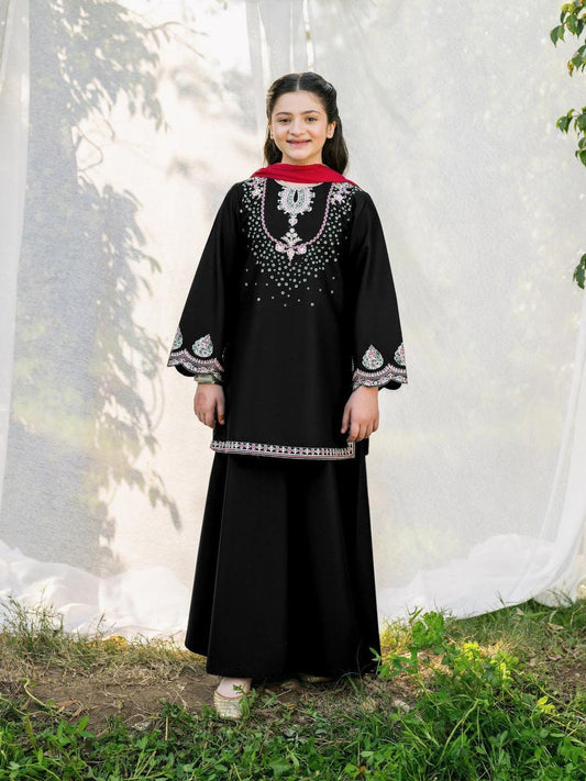 2 Pcs Girl's Cotton Embroidered Shirt And Trouser Suit