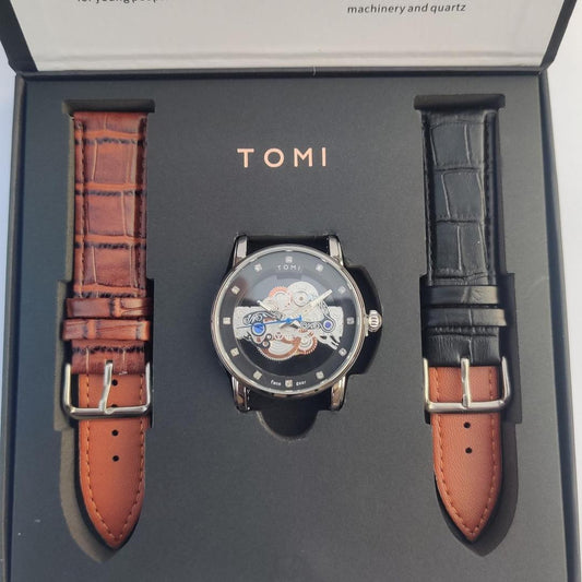Men's Stainless Steel Watch Set - 3 Pcs with 2 Straps and Quartz Movement