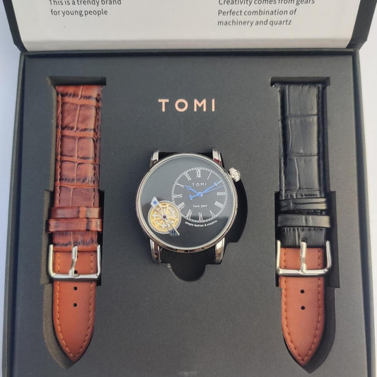 Men's Stainless Steel Watch Set - 3 Pcs with 2 Straps and Quartz Movement