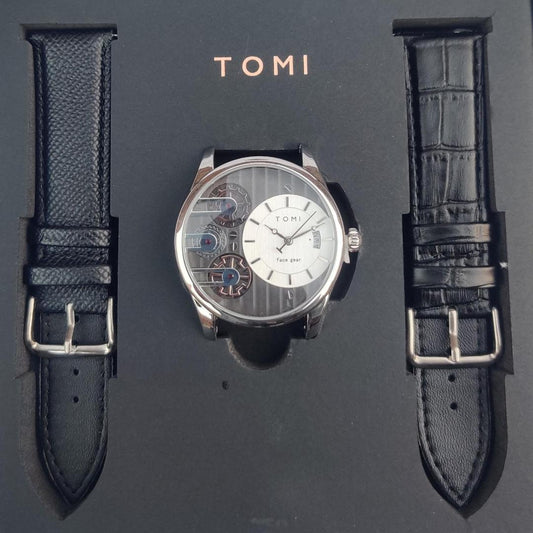 Men's Stainless Steel Watch Set - 3 Pcs with 2 Straps and Quartz Movement