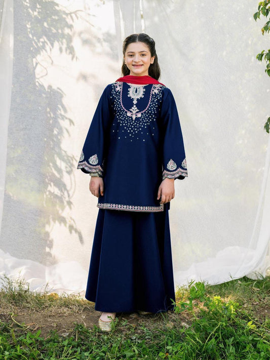 2 Pcs Girl's Cotton Embroidered Shirt And Trouser Suit