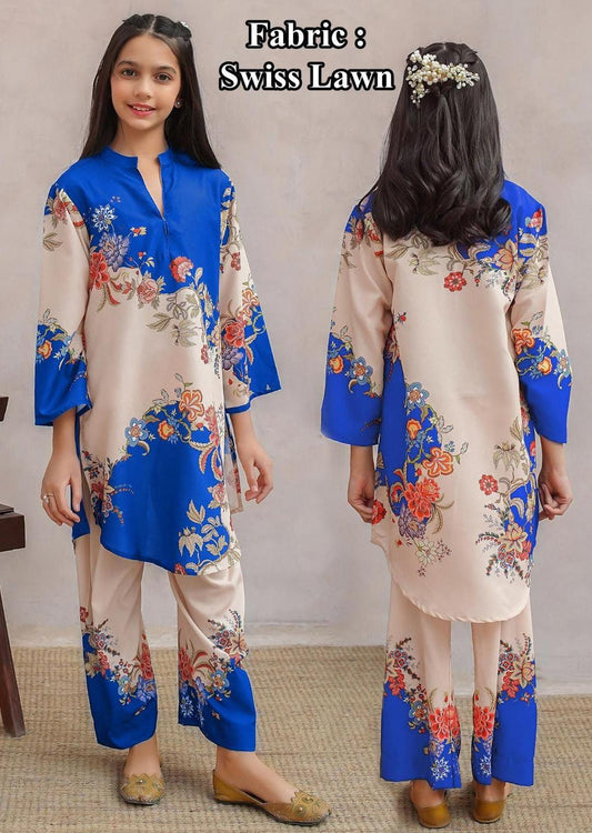 2 Pcs Girl's Lawn Printed Shirt And Trouser Suit