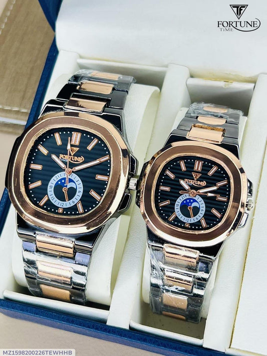 Stylish Couple Watch Set - 2 Pcs Quartz Chronograph in Rose Gold